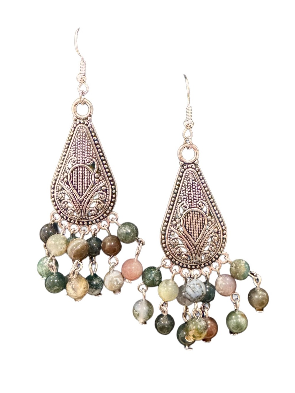 Boho Multicolor Agate Bead Dangle Earrings with Silver Filigree